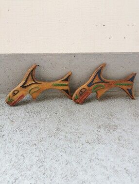 Vintage Hand Carved Hand Painted Wooden Salmon Wall Art Pair Folk Art